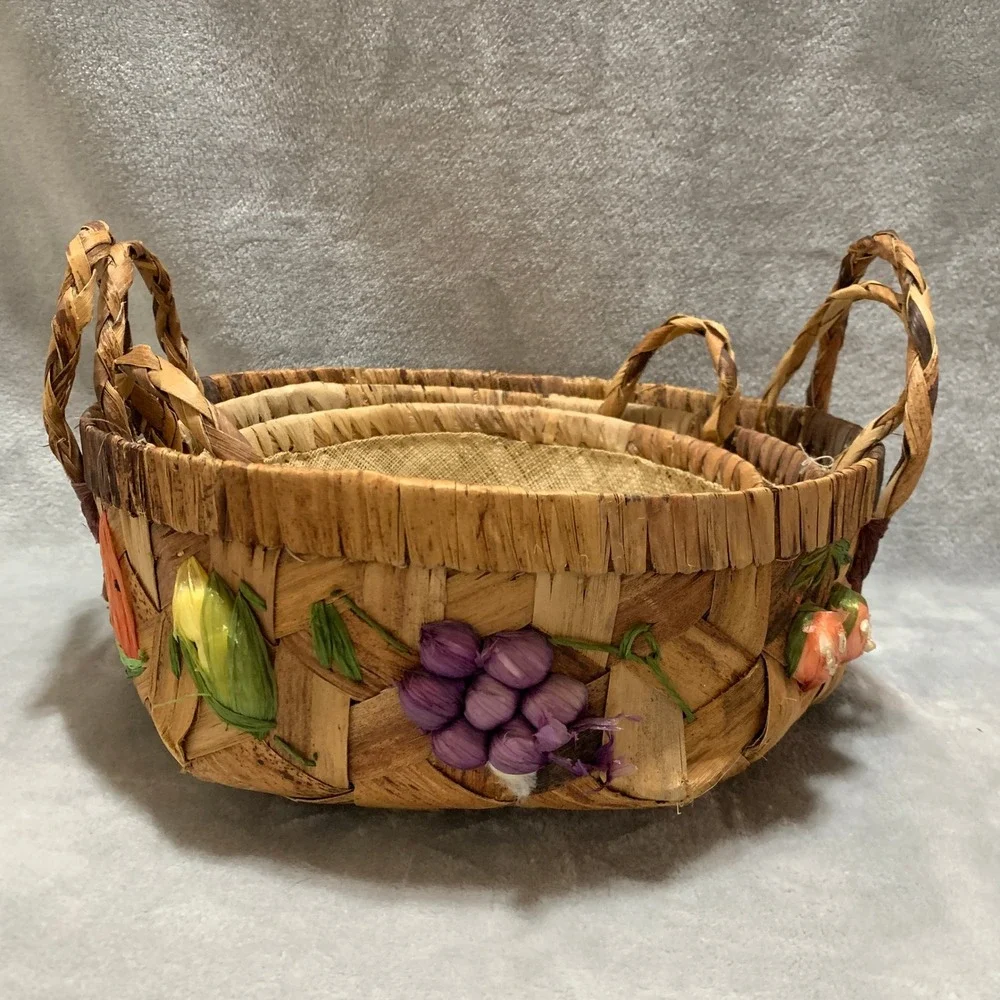 Woven Baskets Set of 3 Fruit Veggie Decor‎ Raffia Farmhouse Countrycore Vintage